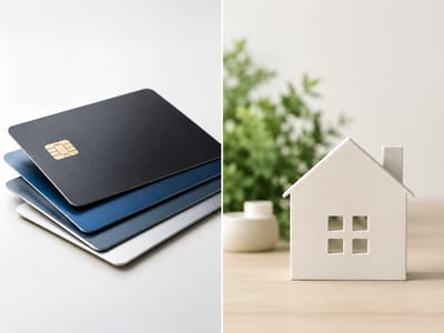 A stack of credit cards beside a small model house