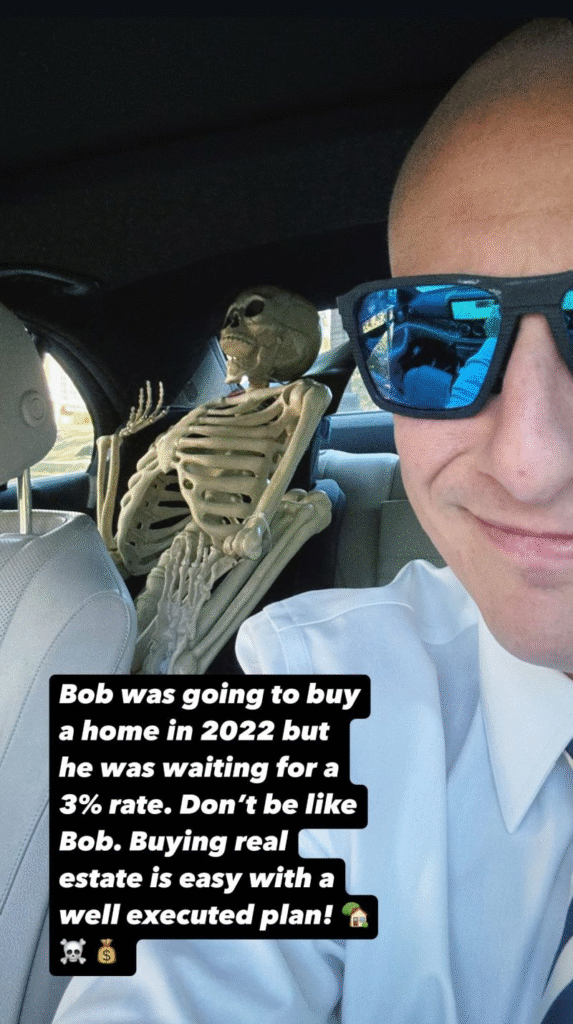 Adam Buice taking a selfie in a car with a large bird of prey perched on the headrest behind him, overlaid with text about waiting for a 3% mortgage rate