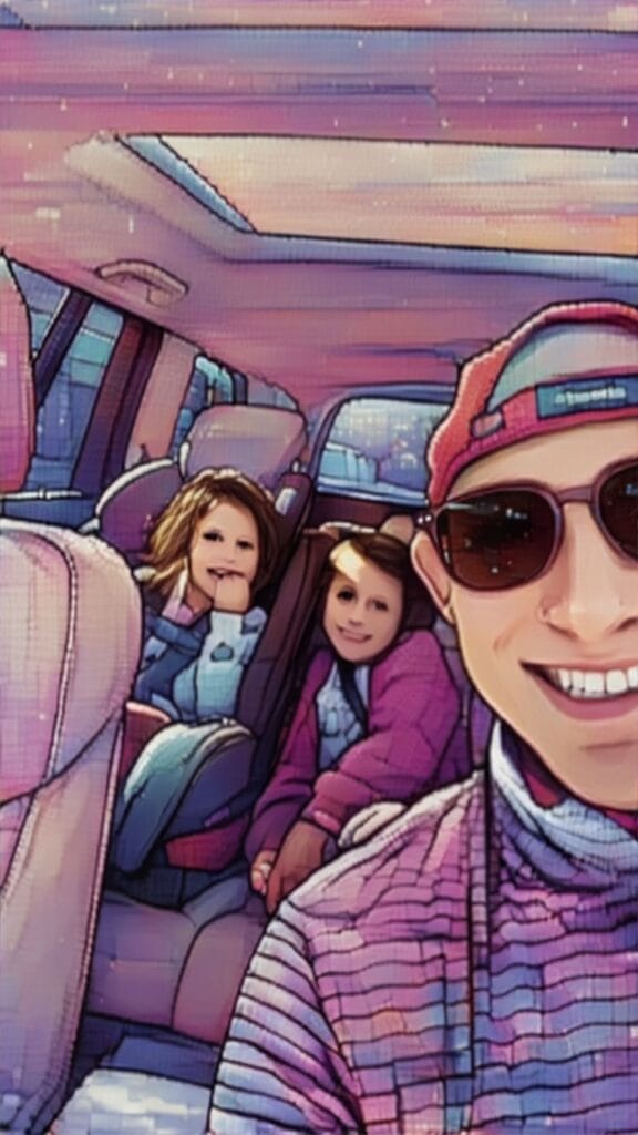 Adam Buice taking a car selfie with his two daughters in the back seat, rendered in a comic-art style with a purple and pink color palette